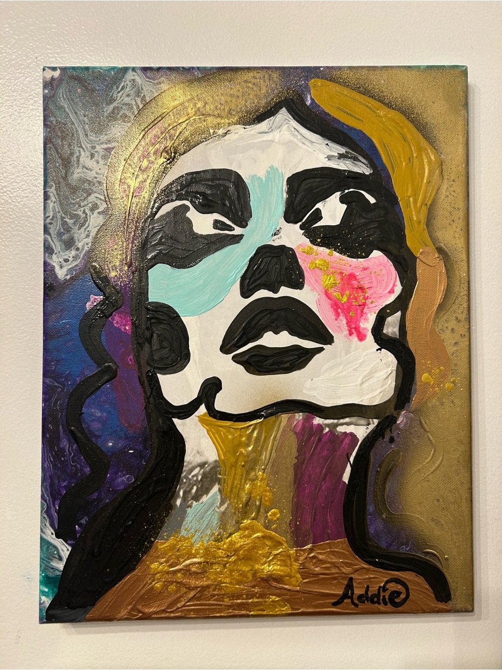 Abstract Portrait Wall Art - Gold, Black, Teal Accent stretched canvas